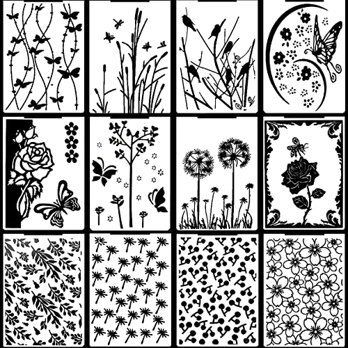 12 Stück Prägeschablone Kunststoff Prägefolder Transparent Embossing Folder Waschbar Prägeordner for Card Making Photo Album Scrapbooking Decoration, Grass and Wood(14.8 x 10.5 cm) (Stil 1) Cover