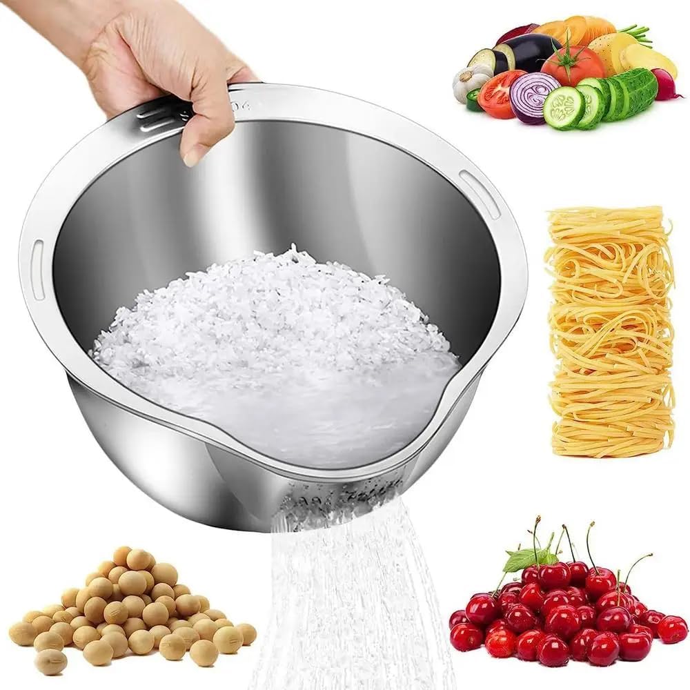 Multi-Purpose Stainless Steel Rice Washer Strainer Bowl, Food Cleaner Strainer, Colander for Washing Rice, Fruits, Vegetables, Beans and Grains, Versatile Food Strainers Kitchen Tool