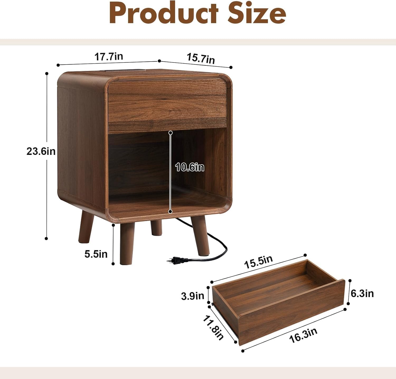 Mid Century Modern Small Nightstands Set of 2 with Charging Station, Curved Nightstand with Drawer Wood End Table Bedside Table for Bedroom, Walnut - Image 2
