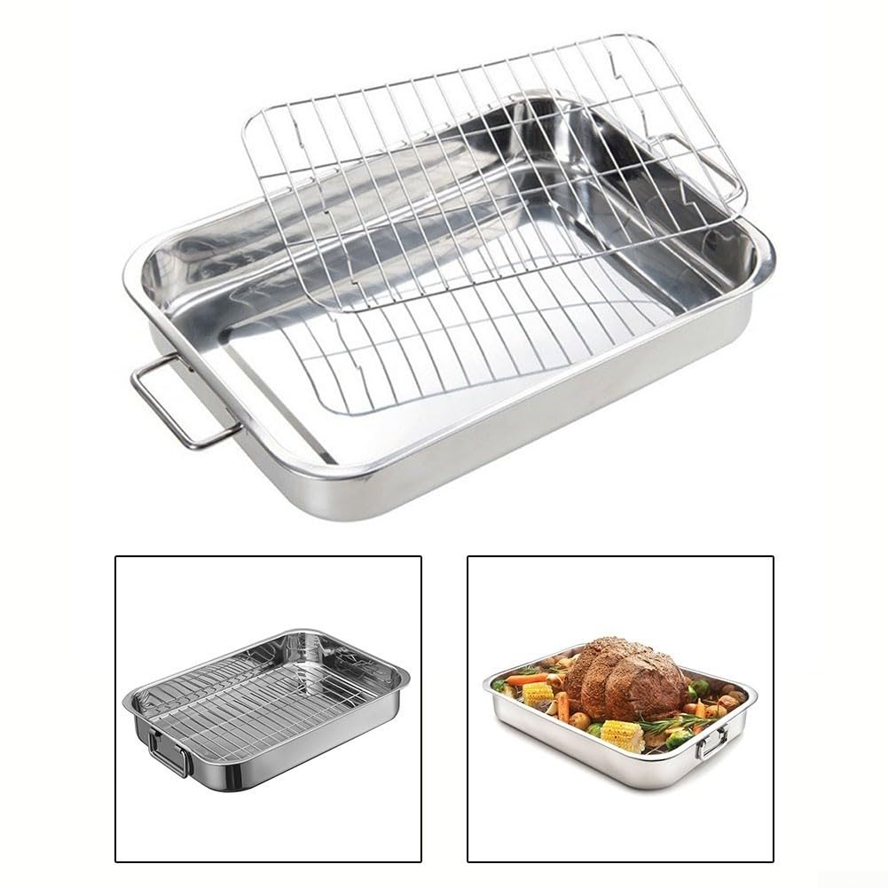 Juego de bandejas para asar, bandeja de horno de acero inoxidable con rejilla de alambre de acero, bandeja para hornear con estante para mayor comodidad (42 x 32 x 6,5 cm), 1178990180