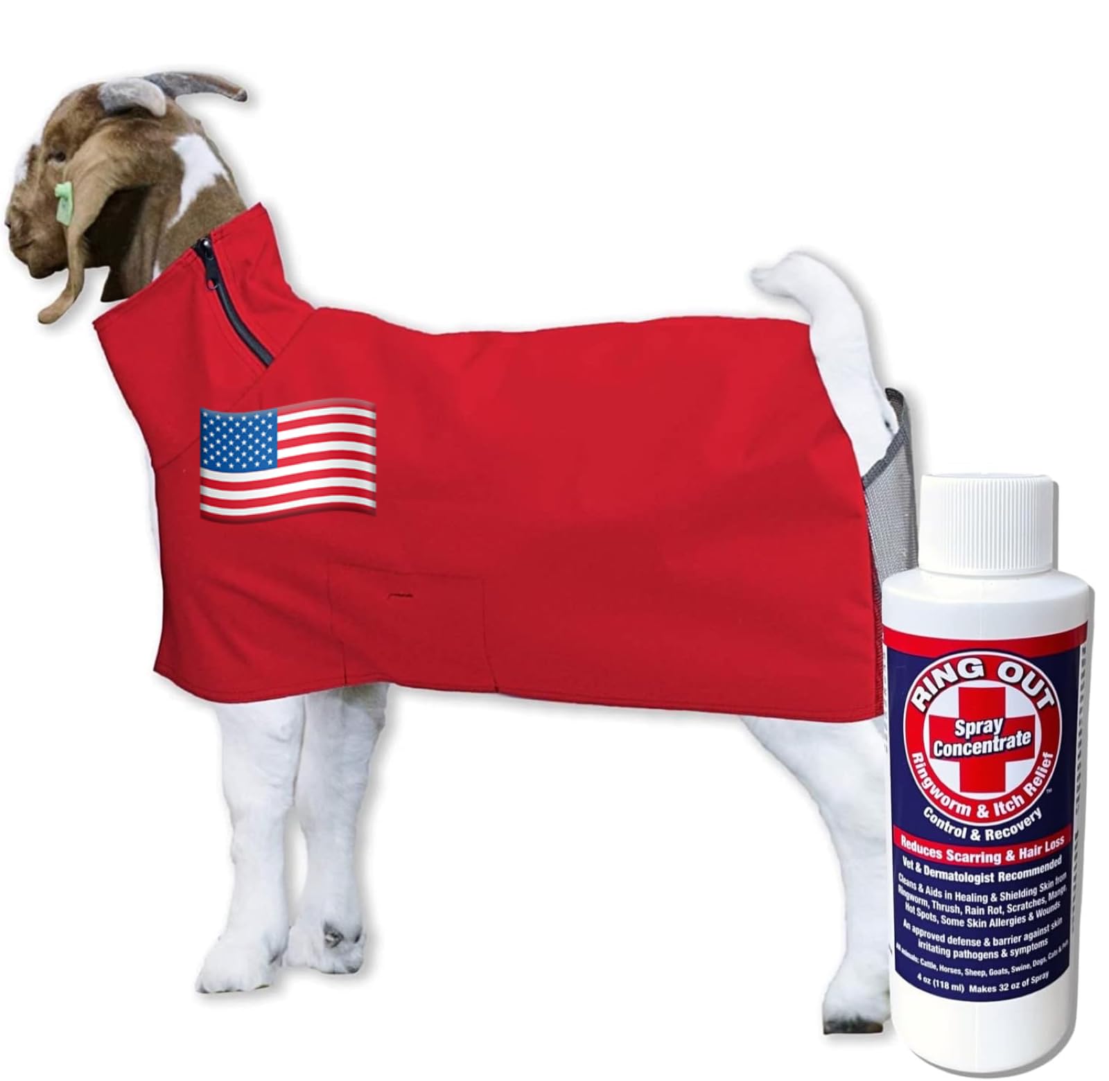 Show Pro Red Goat Blanket Nylon with Mesh Butt for Show Goats - Livestock Supplies for Goat Cover. Free Ring Out Concentrate for Proven Ringworm & Fungus Prevention Included