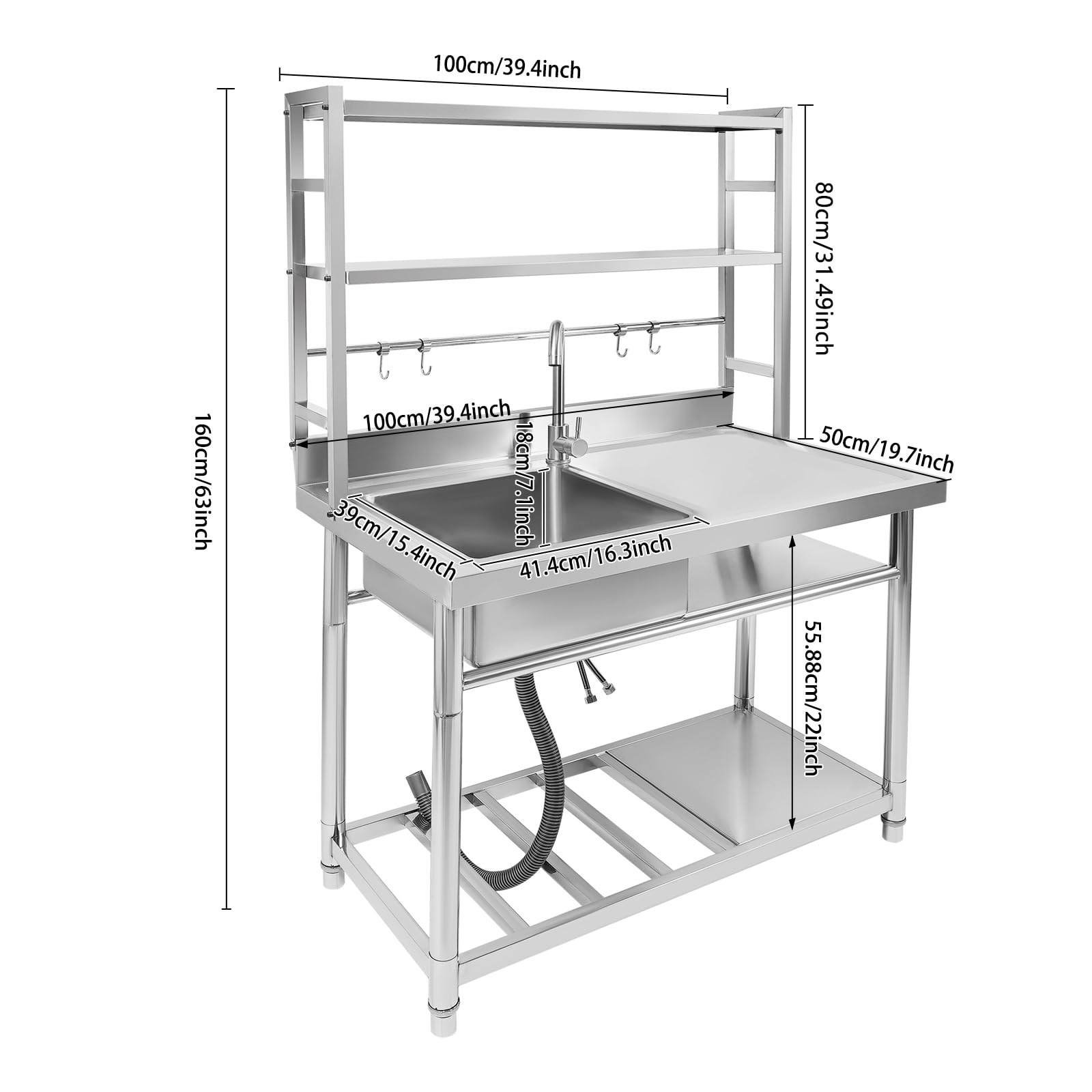 Évier de cuisine sur pied en acier inoxydable avec robinet et 4 crochets, 1 bac, pour cuisine, jardin, extérieur, atelier, buanderie (gauche)