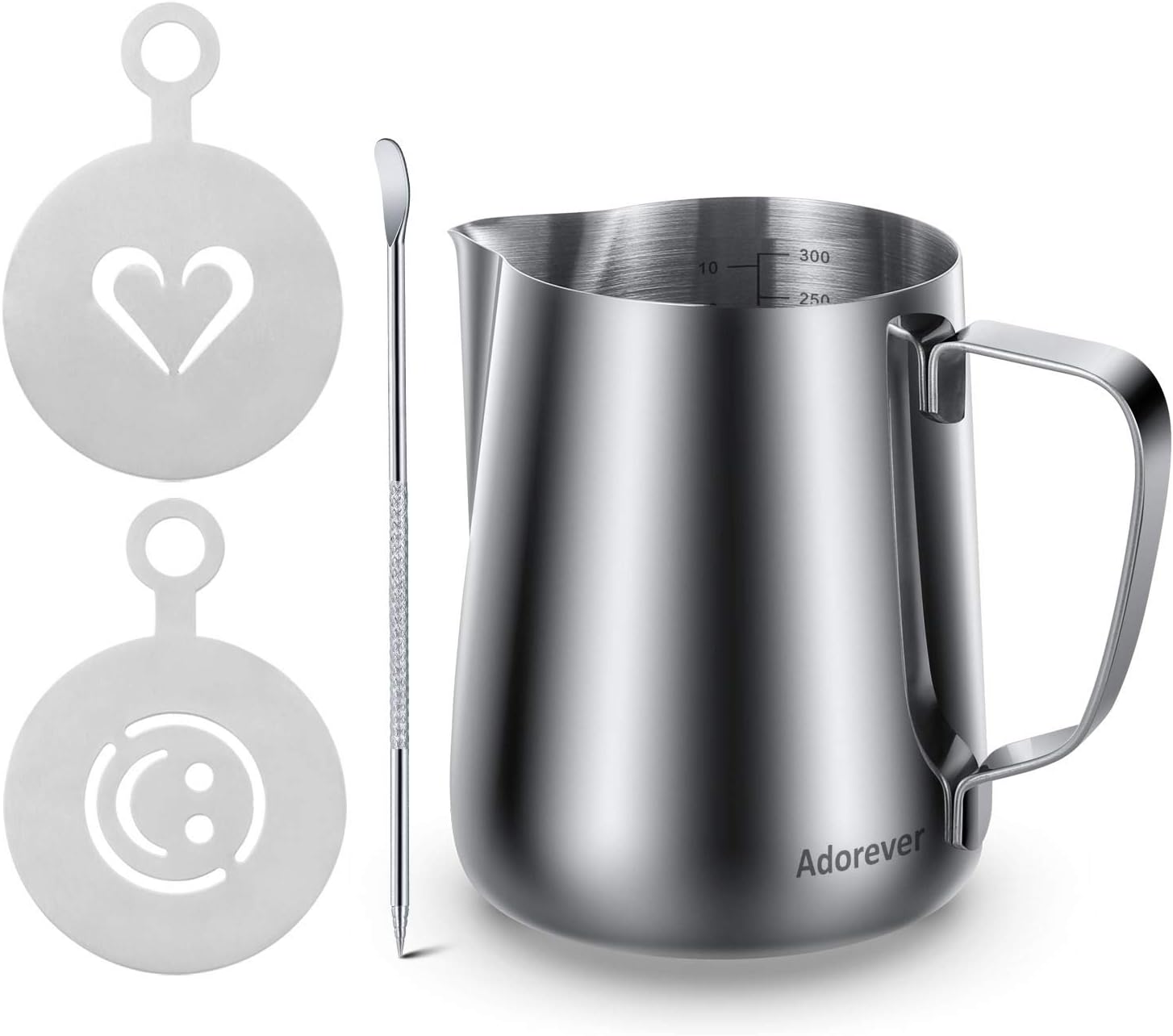 Adorever 300ml Milk Forthing Pitcher with Coffee Decorating Stencils and Decorating Pen, Latte Art