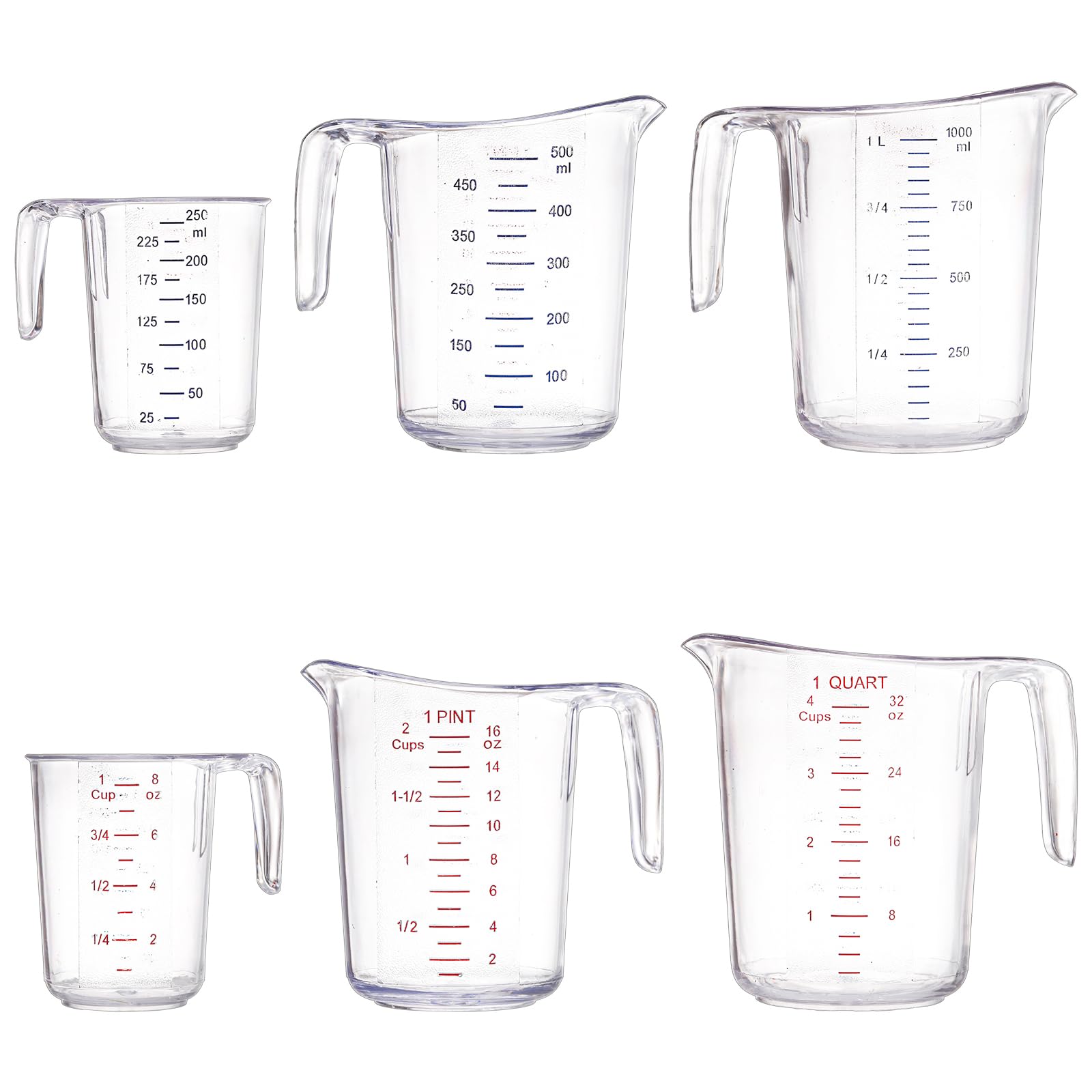 Hedume Set of 3 Plastic Measuring Cups with Spout and Long Handle, 1/2/4-Cup Capacity Food-Grade Measuring Jugs, Stackable and Dishwasher Safe