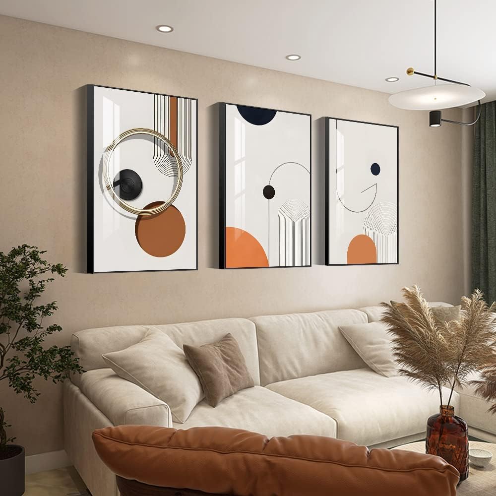 Framed Bright style Wall Art, Boho Wall Art Set of 3, Mid Century Modern Decor 16" x 24", Minimalist Black Beige Neutral Abstract Geometric Wall Decor