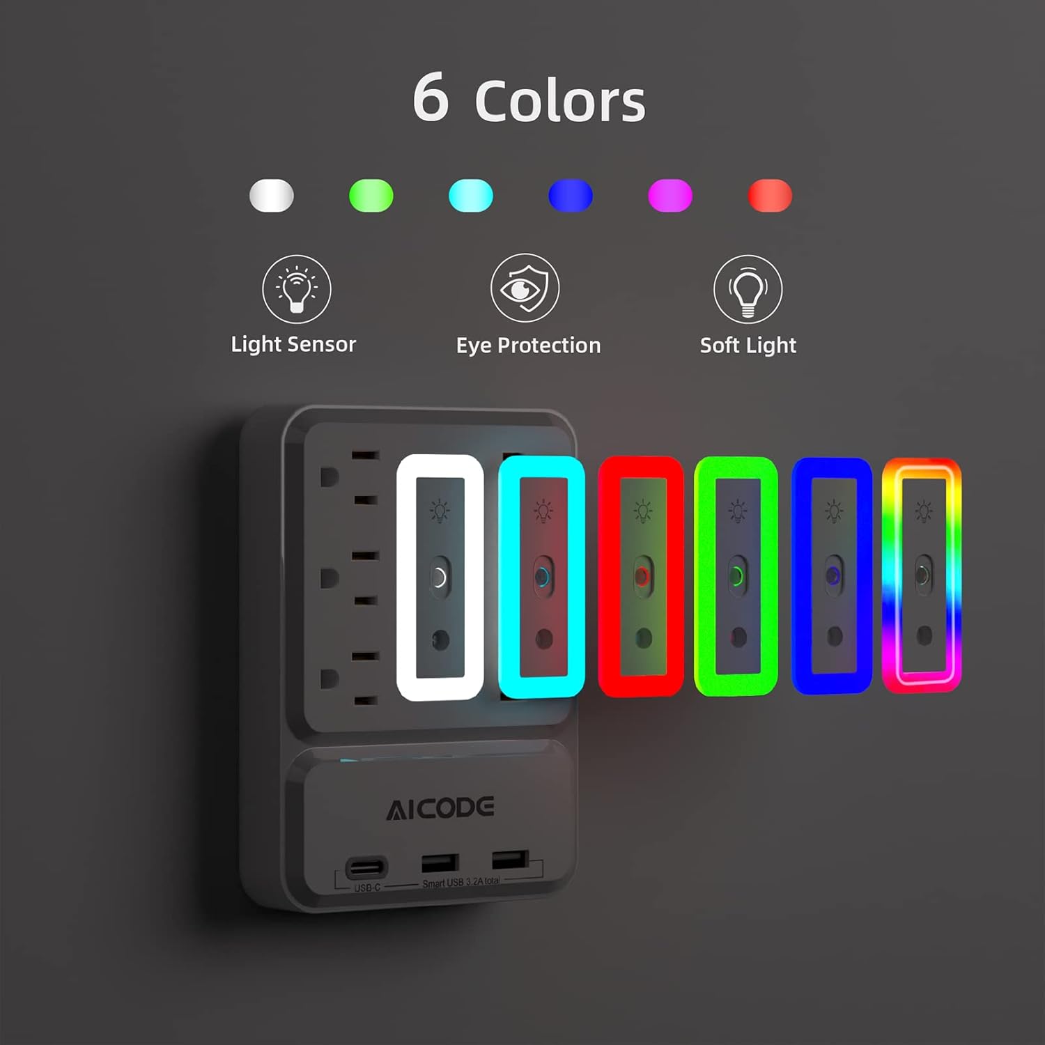 Outlet Extender with USB C, AICODE Multi Outlet Surge Protector with Nightlight, 6 Outlet Wall Plug with USB (3 USB A and 1 USB C),Wall Mount Multiple Plug Outlet Power Strip for Home,Dorm, Office