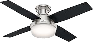 Hunter Fan Dempsey Low Profile Ceiling Fans with Lights and Remote, Flush Mount Ceiling Fan with Lights, Metal, Brushed Nickel Finish, 44 Inch LED
