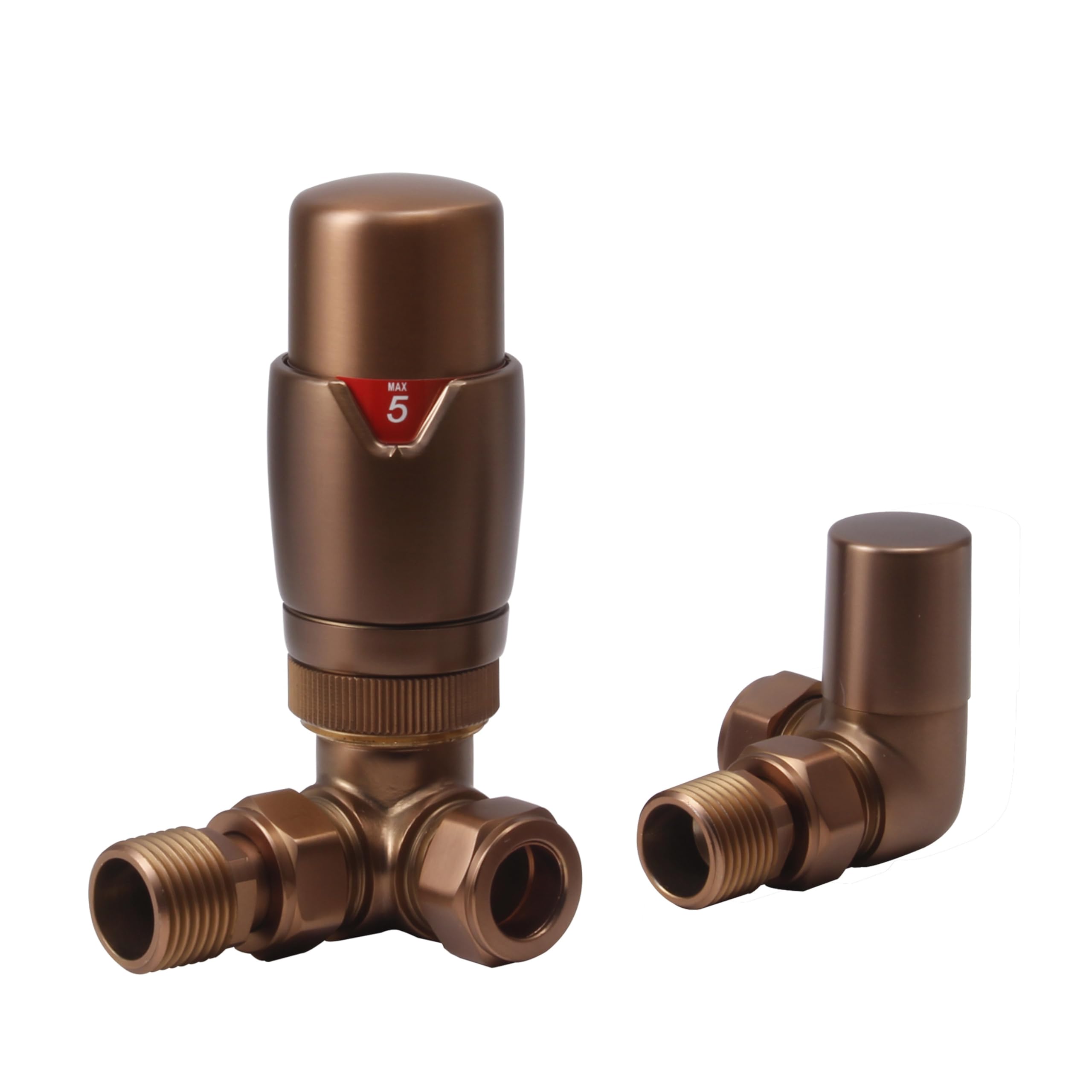 Valvole termostatiche per radiatore e valvola di blocco angolare, design elegante e moderno, valvole angolari per radiatore da 1/2" x 15 mm (bronzo spazzolato)