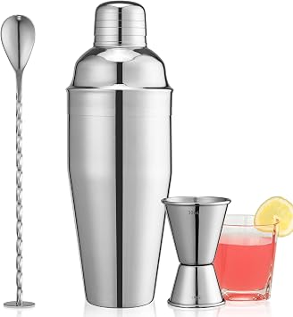 24oz Cocktail Shaker Set, Bartender Kit with Martini Shaker + Bar Spoon + Jigger, 304 Stainless Steel Drink Mixer Cocktail Kit with Built-in Strainer for Margarita Bartender Alcohol Gifts