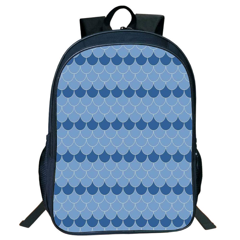 DKFDS Backpacks Unisex School Students Navy Blue Decor,Cute Scallop Patterns Circles Pastel Colors Oval Fish Wave Illustration Decor Home,Blue Kids.