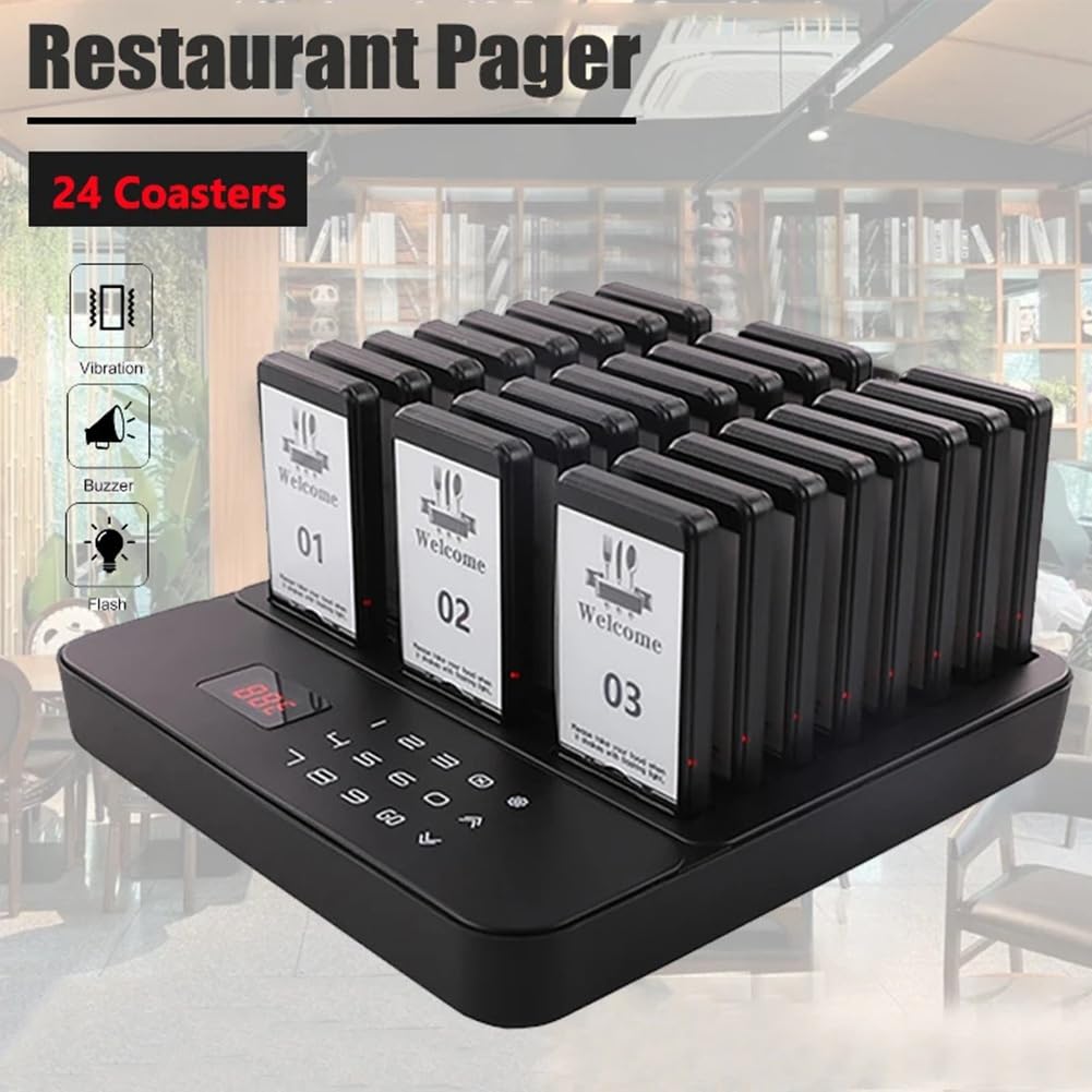 Buscapersonas Inalámbrico para Restaurantes, Food Trucks, con 24 Posavasos, Receptor de Llamadas, para Bares, Cafeterías, Patios de Comidas, Enchufe Europeo.