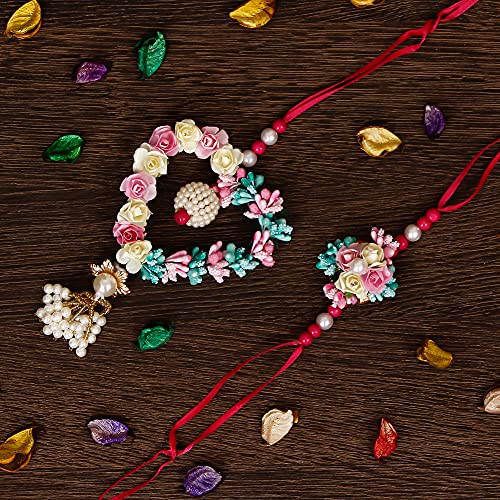 Image of eCraftIndia Diamonds, Pearls Floral Designer Bhaiya Bhabhi Rakhi Set with Roli Chawal Pack - for Brother, Bhaiya, Bhai - Lumba Rakhi for Bhabhi