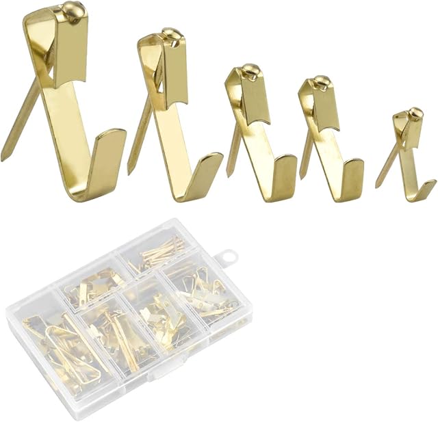 Fodlon Picture Hooks with Nails Picture Hanging Kit Wall Hooks Picture Rail Hooks Picture Hangers Heavy Duty Copper Hooks for Photos Picture Frame Clock Mirror Bags Clothes (Gold Colour)
