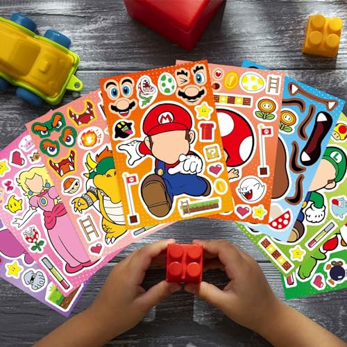 Image of 32 Sheets Mario Make a Face Stickers, Cartoon Book Crafts for Kids, DIY Party Supplies Favors Your Own Mixed and Matched with Different Designs Characters Birthday Gifts Class Reward Decor 13+