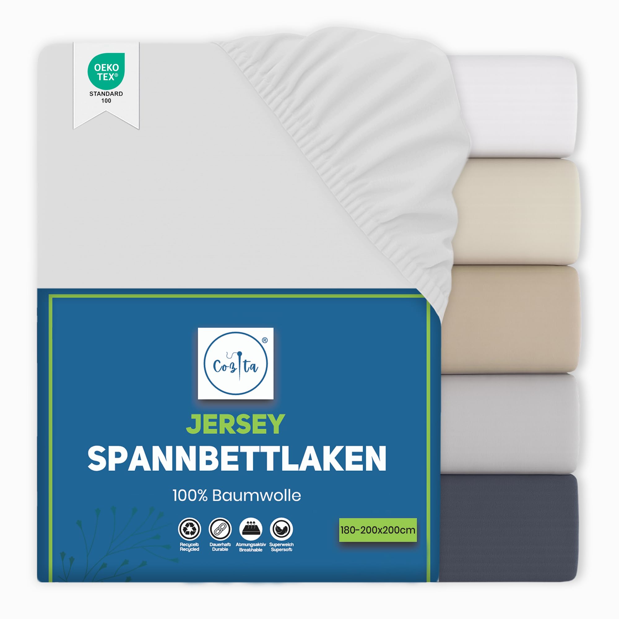Cozita Basics Spannbettlaken 180x200cm - 100% Baumwoll Jersey Bettlaken, Öko-Tex Zertifiziert, bis 25 cm Matratzenhöhe – Weiß