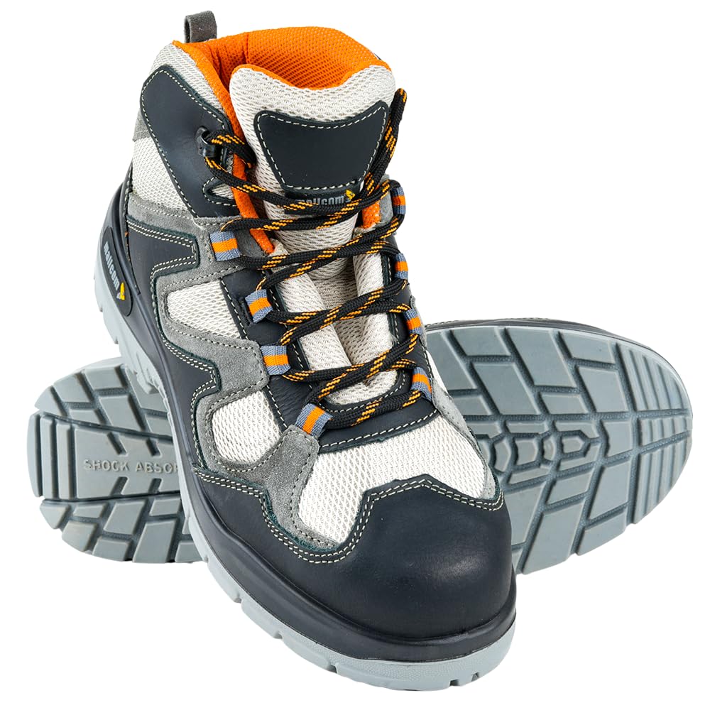 Mallcom Ocelot Black Safety Shoes for Men, Black Nubuck Suede Leather, High Ankle Safety Boot with Steel Toe, Injected Double Density PU Sole, Light Weight, Comfort and Slip Resistance, Size 4UK-12UK