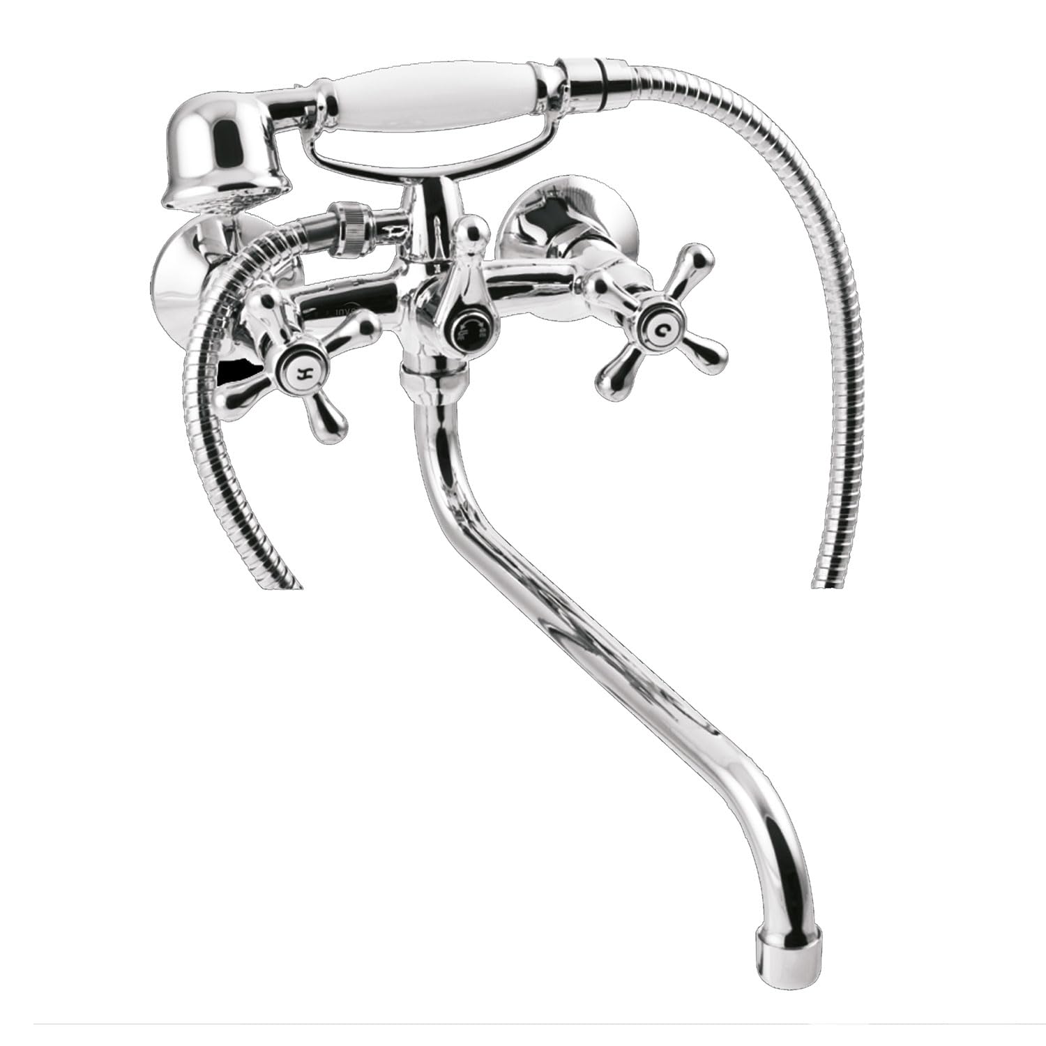 Chrome Cross Tap Head Bath Filler + Shower Mixer Wall Mounted, Long 30cm Spout