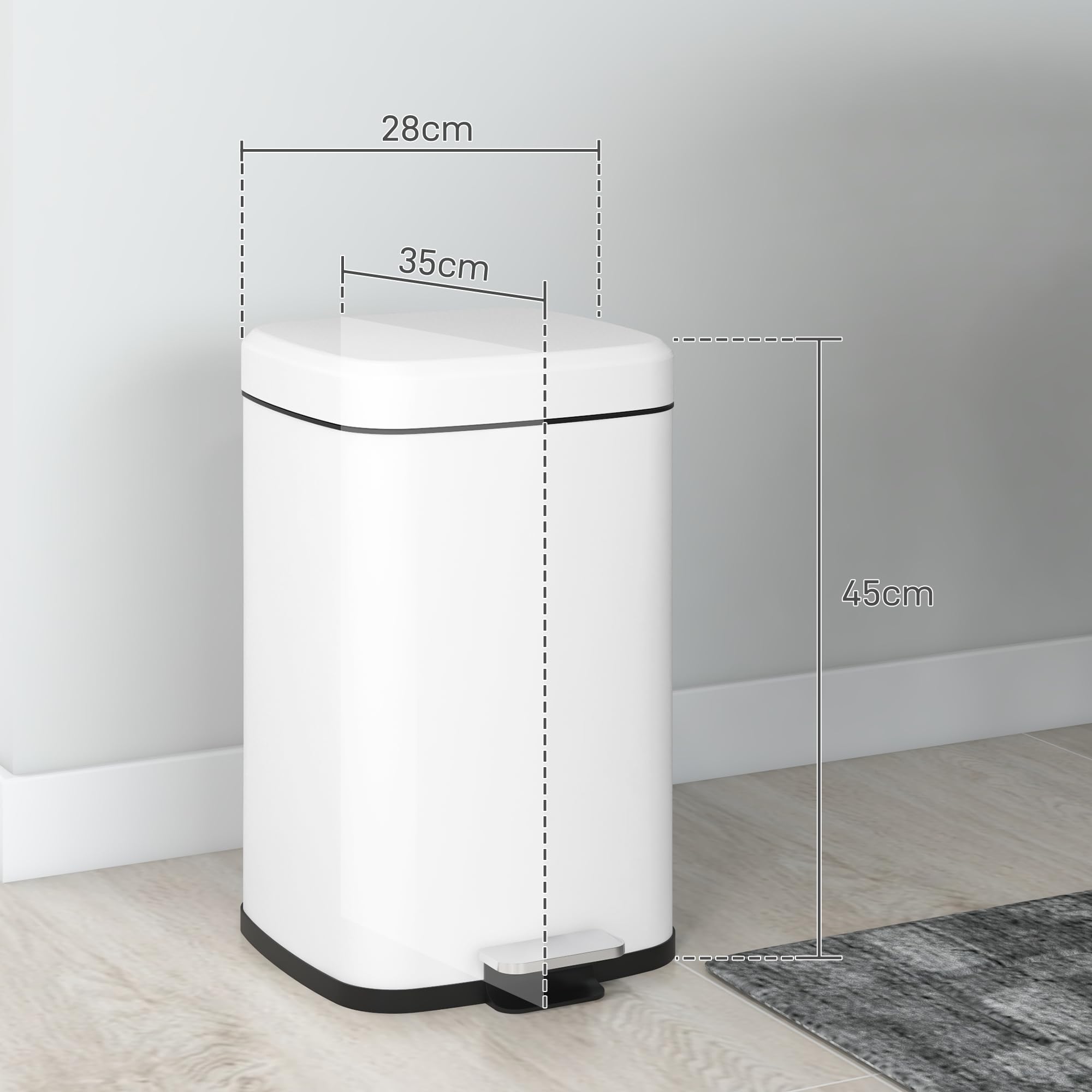 HOMCOM Cubo de basura cocina 20L Pedal 28x35x45cm Blanco | Acero inoxidable, cierre suave, compacto, cubo interior extraíble