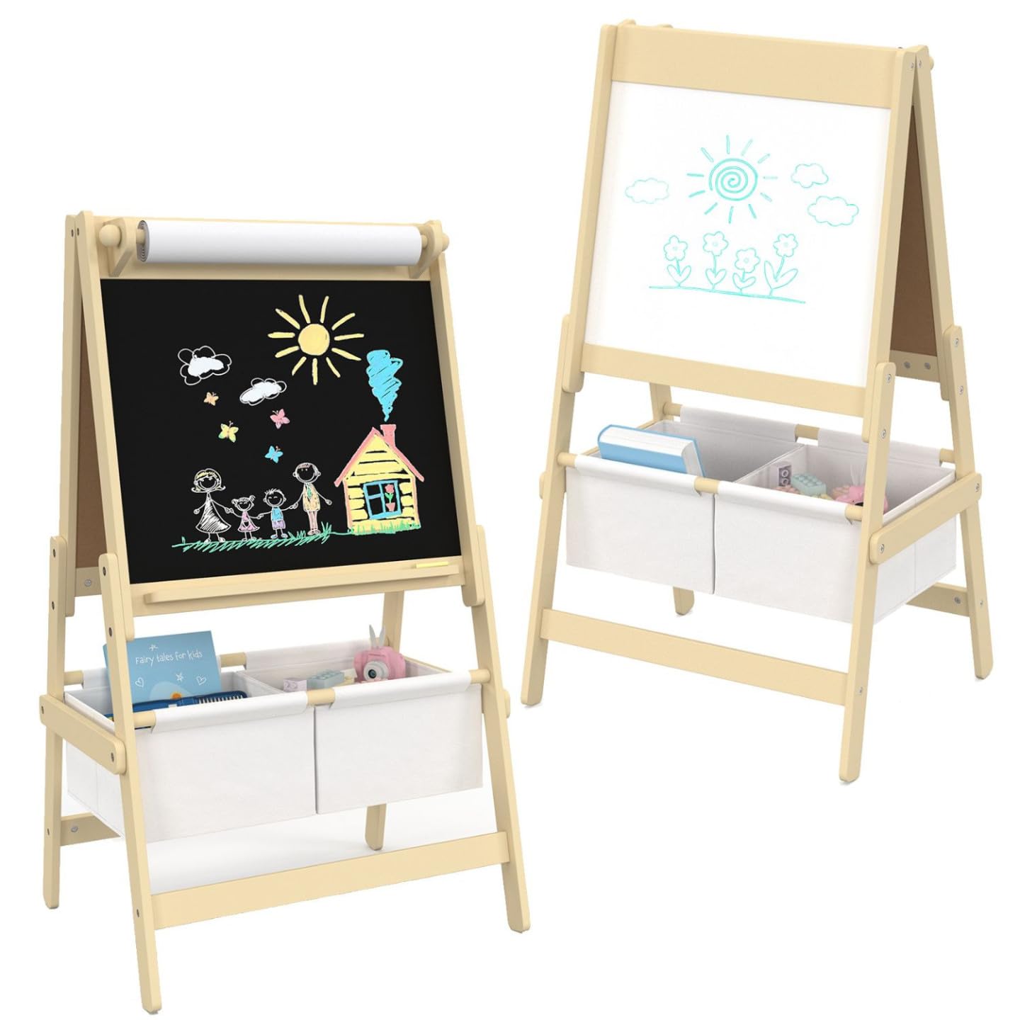 IDMarket - Pizarra Infantil 3 en 1 Caballete de Doble Cara con Rollo de Papel y 2 Cestas de Almacenamiento