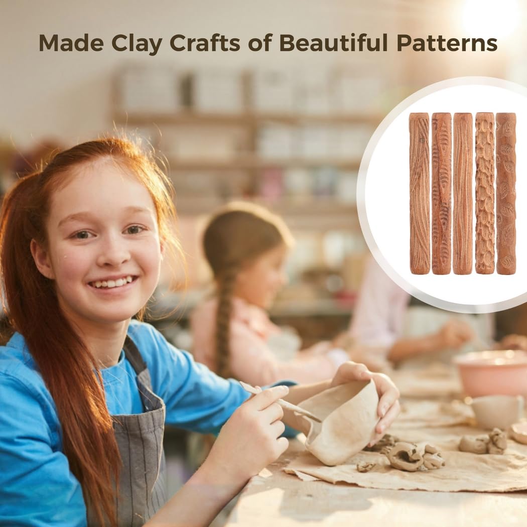 5 rodillos de patrón de modelado de arcilla, hojas de pescado de grano de madera, adoquines y texturas onduladas, rodillos de mano de madera para manualidades de cerámica, herramientas de escultura