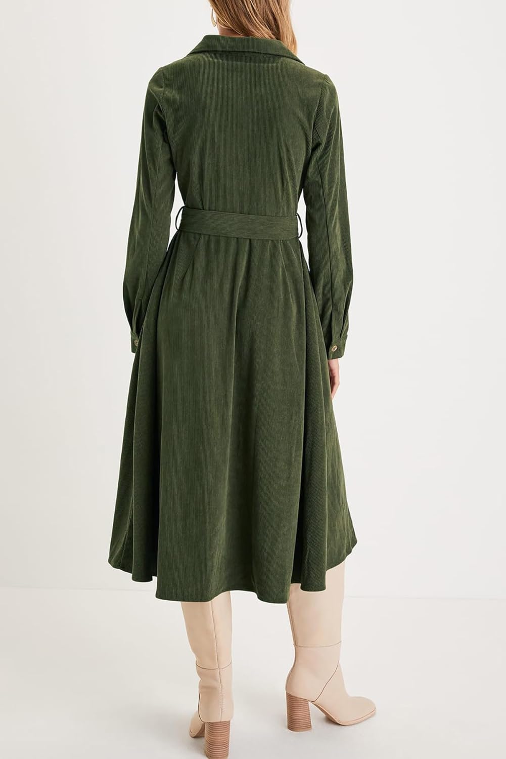 R.Vivimos Womens Fall Winter Corduroy Midi Dress Long Sleeve V Neck Button Down Belted Flowy Shirt Dress with Pockets - Image 3