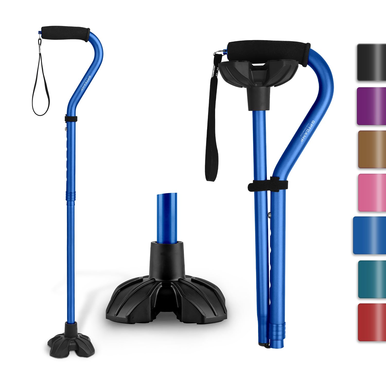 GPTCAMP G1 Walking Stick, Walking Cane for Women & Men with Wrist Strap, Lightweight & Sturdy Offset EVA Handle, Large Quad Base, Self Standing for Seniors and People with Injuries & Recovery