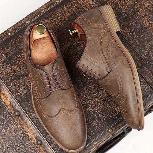 Men's Brogue Wingtip Dress Oxford Shoes Retro Round Head Stitching Two-Color Perforated Lace-Up Chunky Heel Business Formal Shoes Casual Comfortable Work Shoes2