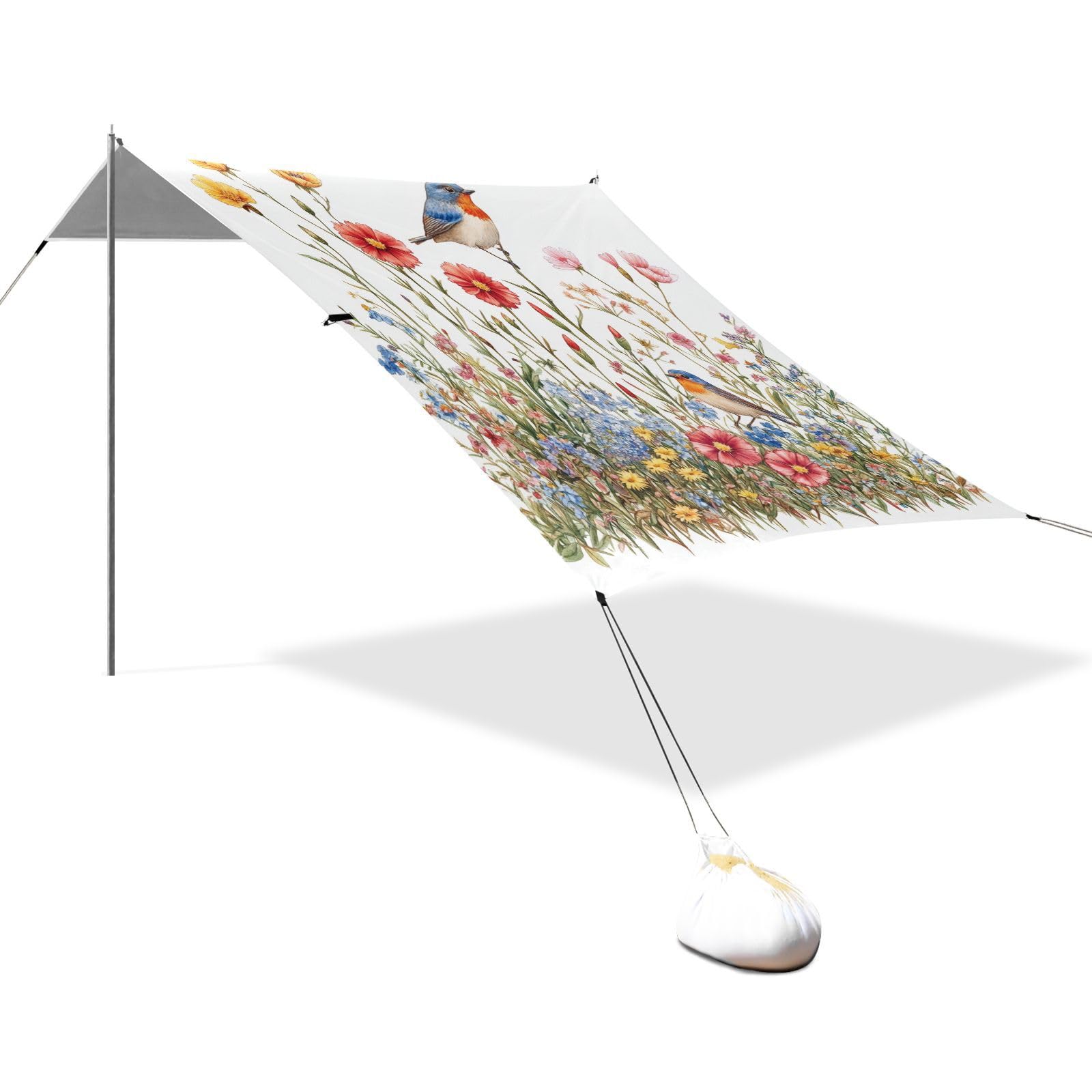 Florals Carnation Osteospermum Birds White Stable Beach Tent UPF50+ Protection Waterproof Portable Sunshade Includes Sand Shovel, Sandbags, Stability Poles for Camping, Picnics, Backyard