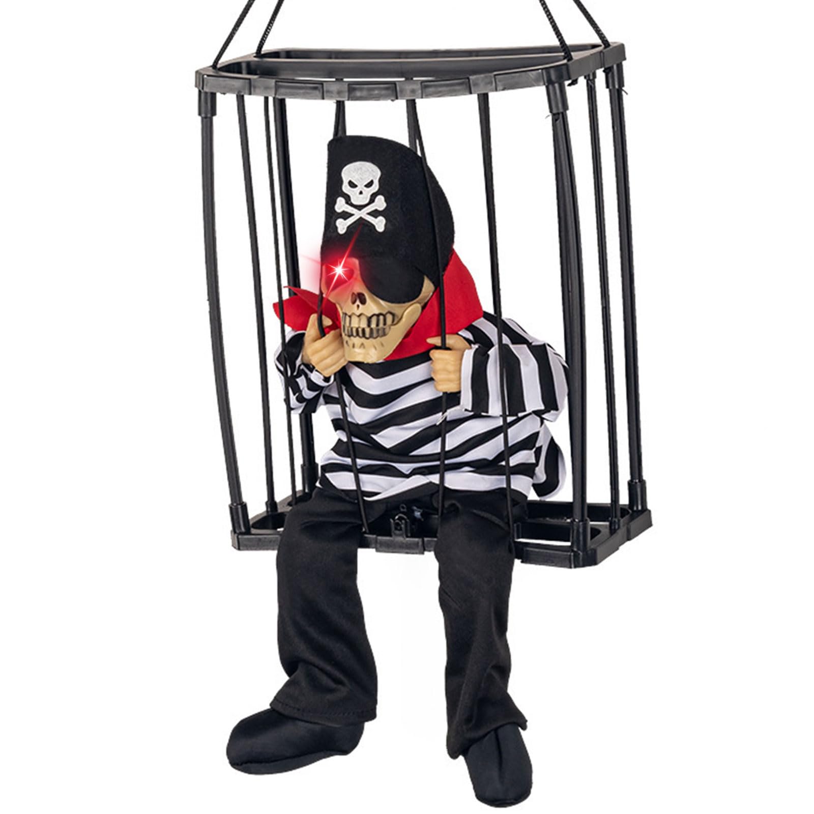 Screaming Skeleton Prisoner Halloween Decorations with Motion Sensor, LED Light Up Eyes & Spooky Sound, Halloween Animatronics Hanging Ghost Cage for Indoor Outdoor Haunted House Decor (I)