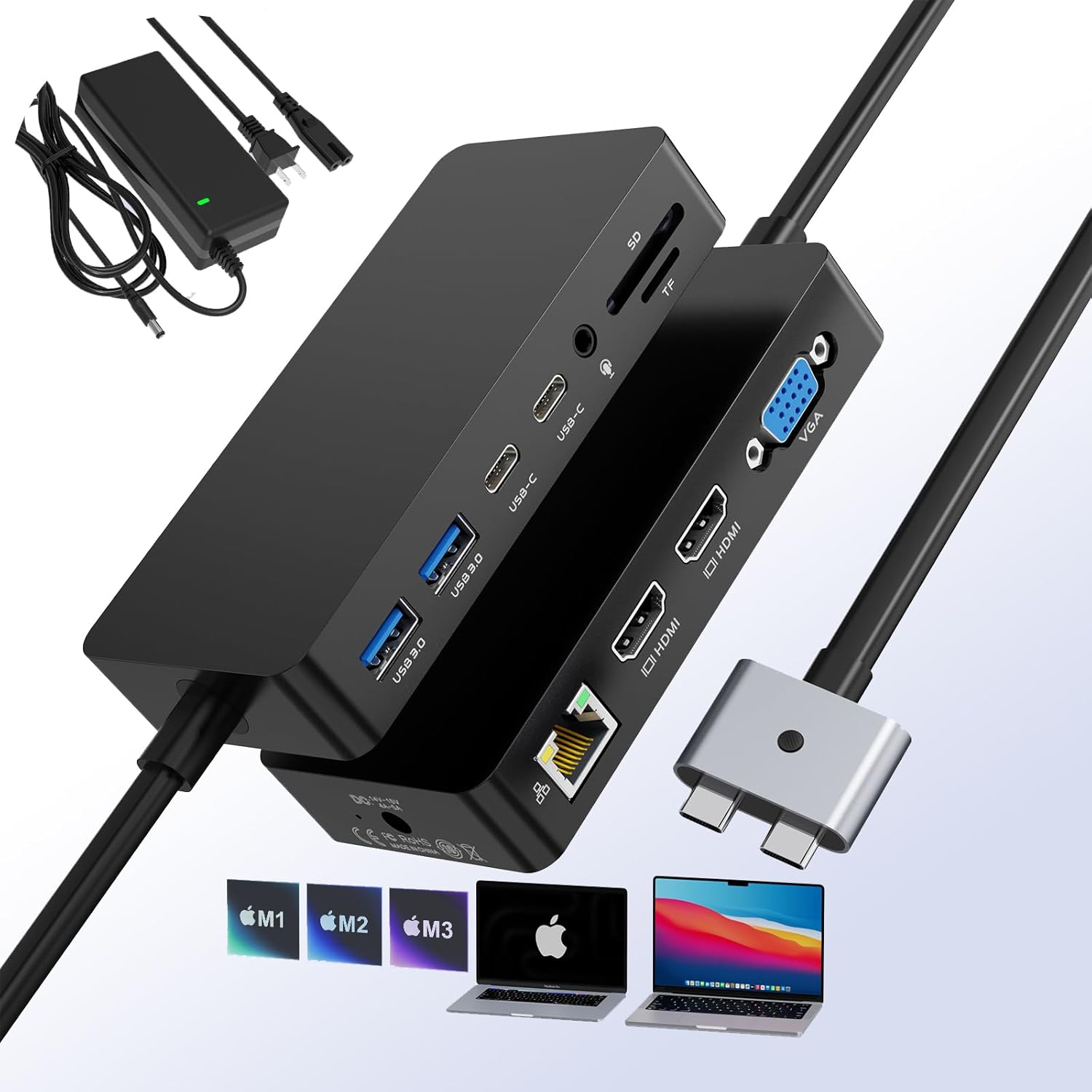 for 12-in-2 Docking Station MacBook Pro Triple Display Dual HDMI+VGA with 100W Power Adapter, 4K@60Hz Mac Dock for MacBook Pro Air M1/M2/M3 Pro with 2*HDMI VGA Ethernet SD/TF Audio 4*USB 96W PD US