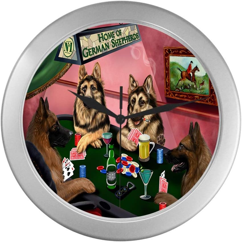 Home of German Shepherd Dogs Playing Poker Silver Wall Clocks