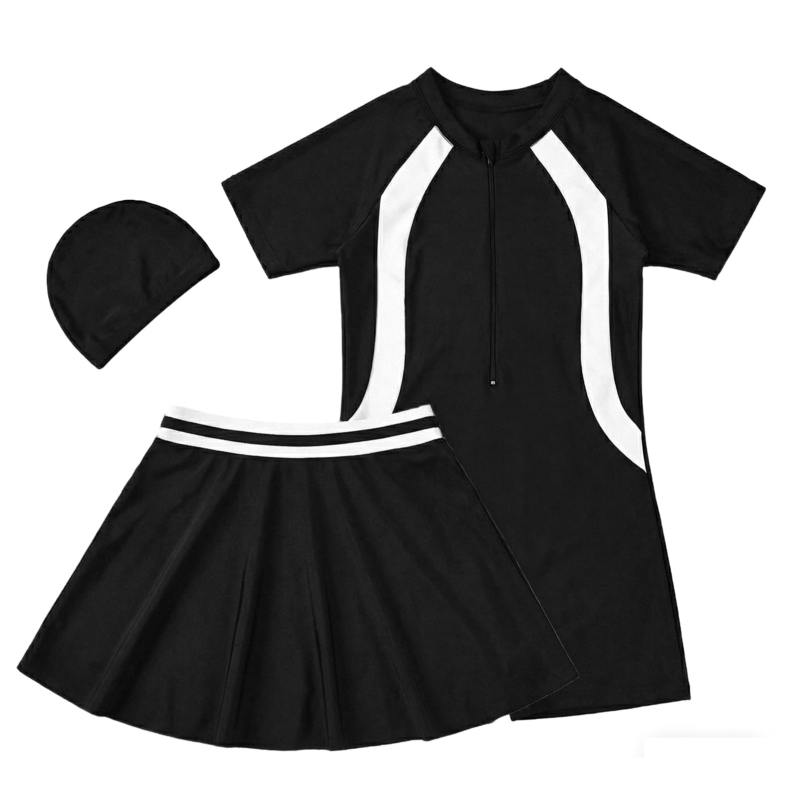 Bañador de Una Pieza con Falda y Gorro para niña, Traje de baño 3 en 1, Bañador Infantil con Cremallera de Manga Corta Ropa de Natación para Piscina Playa, 4-12 años