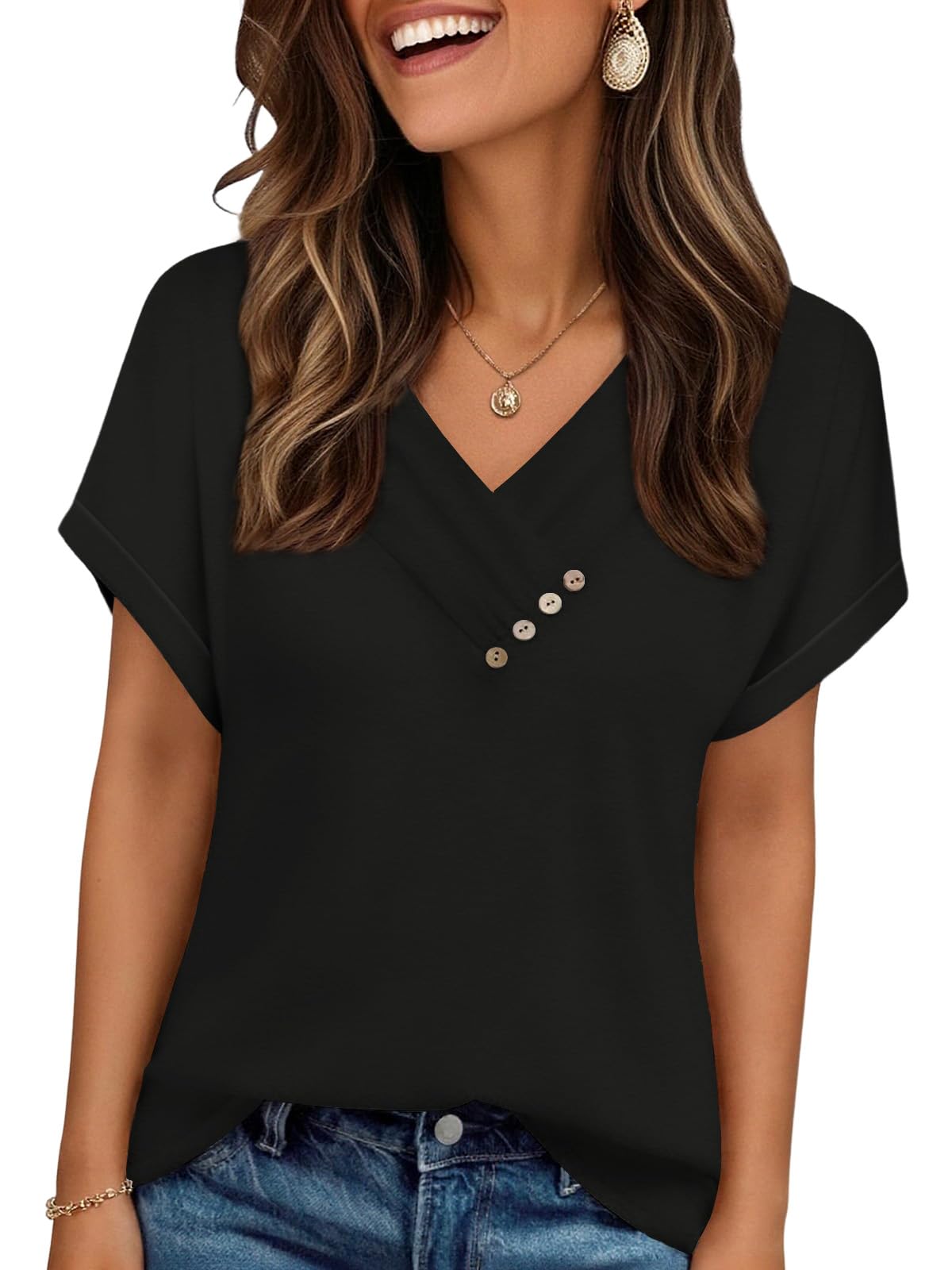 Cuptacc Tshirt Damen Elegante V Ausschnitt T Shirt Basic Kurzarm Mit Knöpfen
