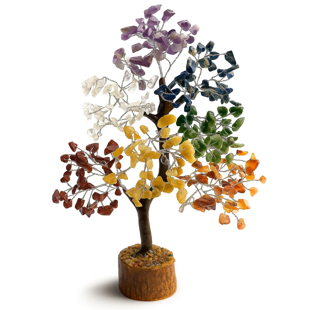 Pietra preziosa Chakra, albero della vita, filo d'argento, decorazione spirituale con 7 pietre curative Chakra, albero Feng Shui, armonia, prosperità ed energia, fatto a mano, circa 25 cm,