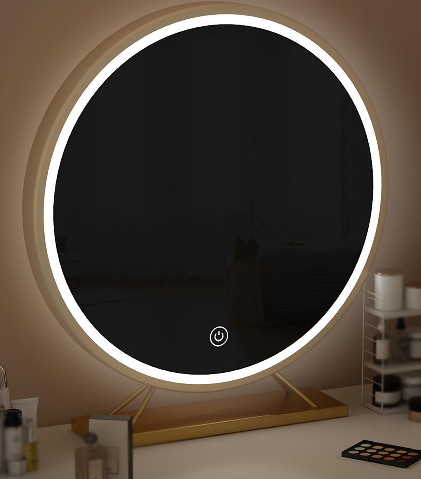 Nowoczesne lusterko do makijażu z ekranem dotykowym z oświetleniem LED, 3 opcje kolorów, inteligentne okrągłe lusterko kosmetyczne do domu i akademika, 50 cm, czarne, niezbędne akcesoria do