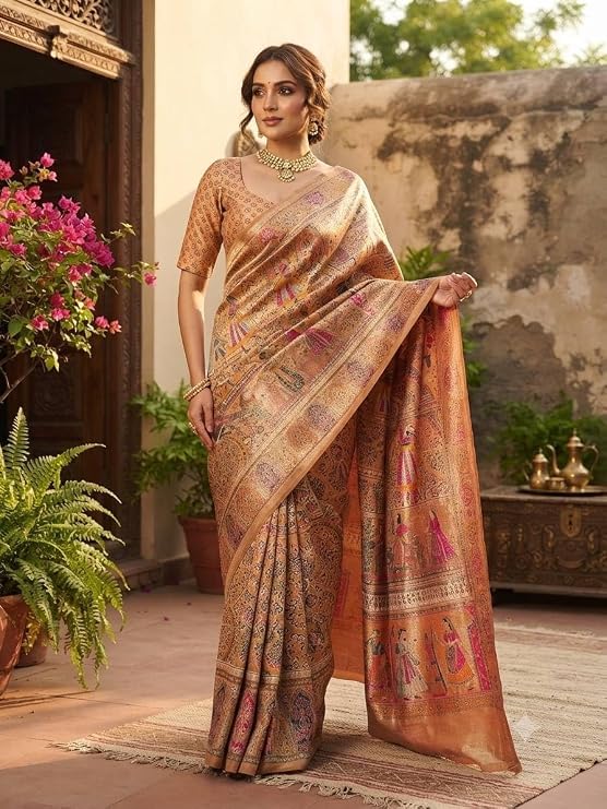 Image of Women's Pashmina Silk Saree with Kashmiri Thread Pallu and Zari Border