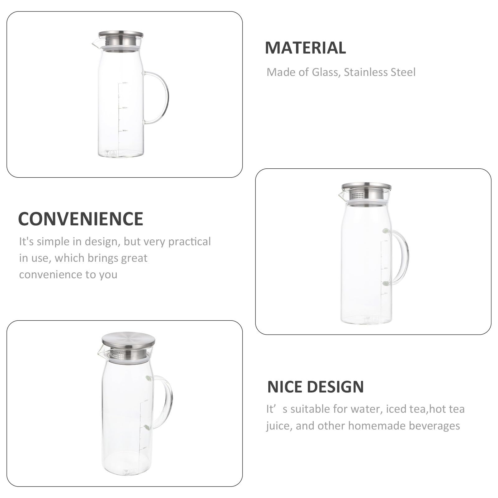 Jarra de Vidrio Transparente de 1200ml Tapa de Acero Inoxidable | Apta para Té Caliente, Bebidas Caseras y Zumo, Diseño Sencillo y Práctico, Fácil de Guardar
