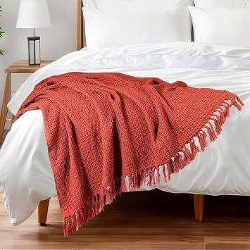 Waffle Weave Cotton Throw Blanket – Lightweight, Breathable & Cozy for Sofa or Bed (100% Cotton)(120 * 150 cm) (Rust)
