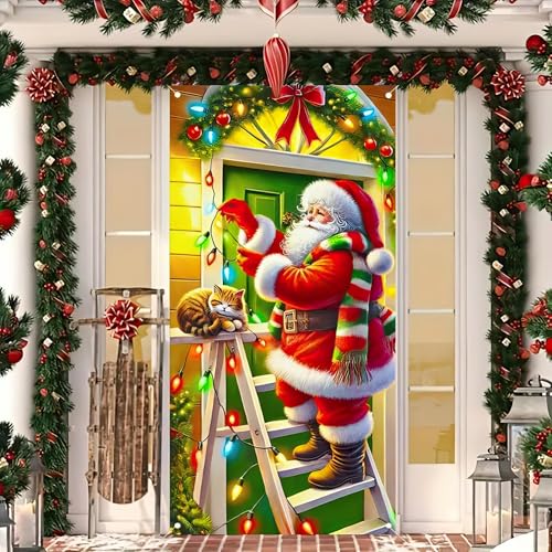 Image of BlissYard Christmas Door Cover Santa Ladder Cat 35x71 Inch Polyester