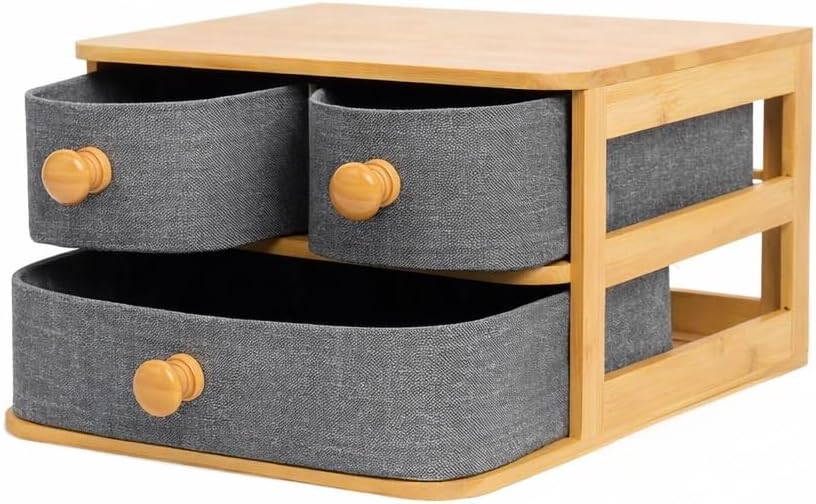 Bamboo Desk Organizer with 3 Drawers - Fabric Storage Box for Makeup, Jewelry, Office Supplies - Eco Friendly Wooden Organizer for Home & Office