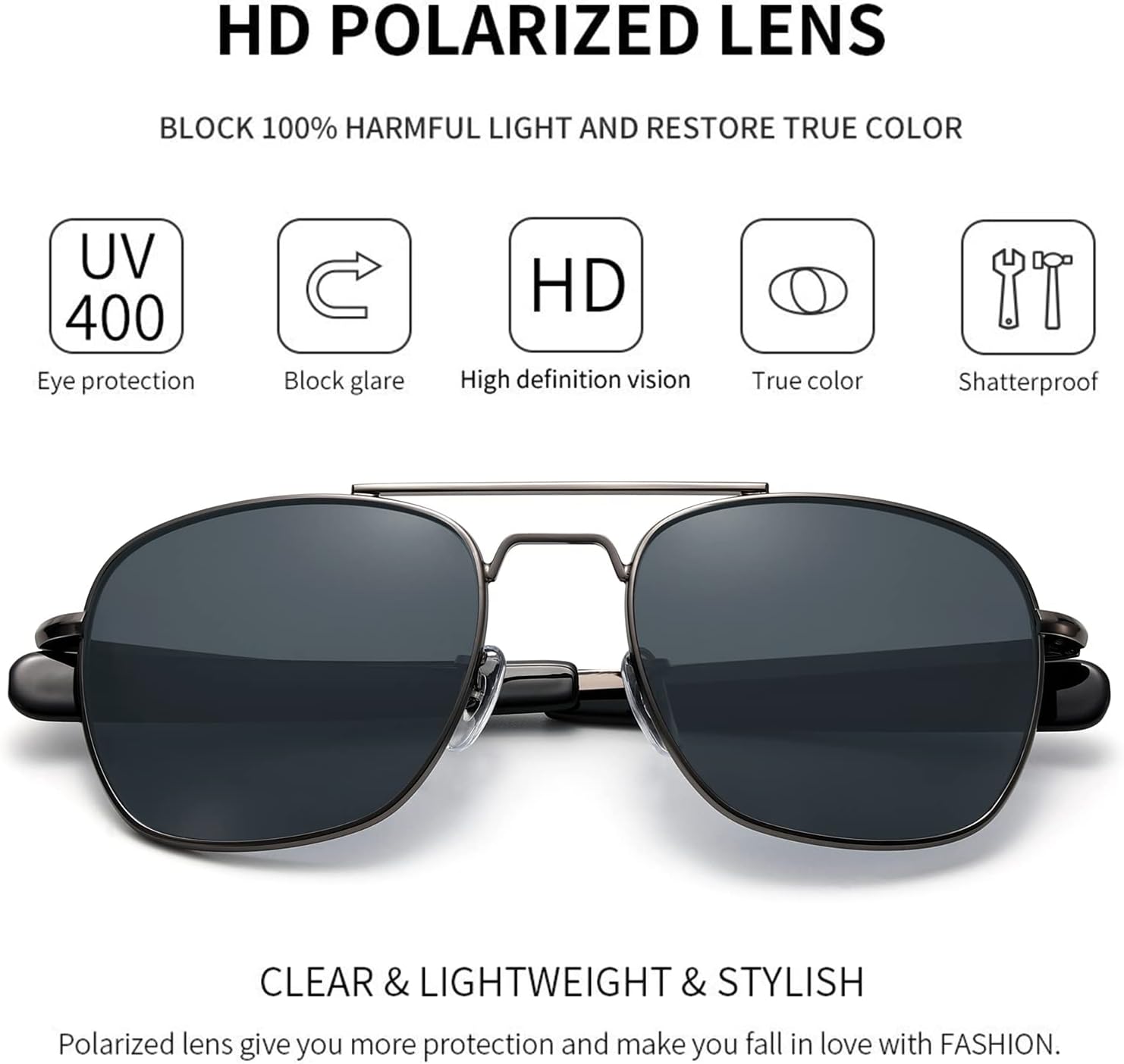 IOHLNG Mens Aviator Sunglasses Polarized 55mm Pilot Military Square Shades with Bayonet Temples - Image 3