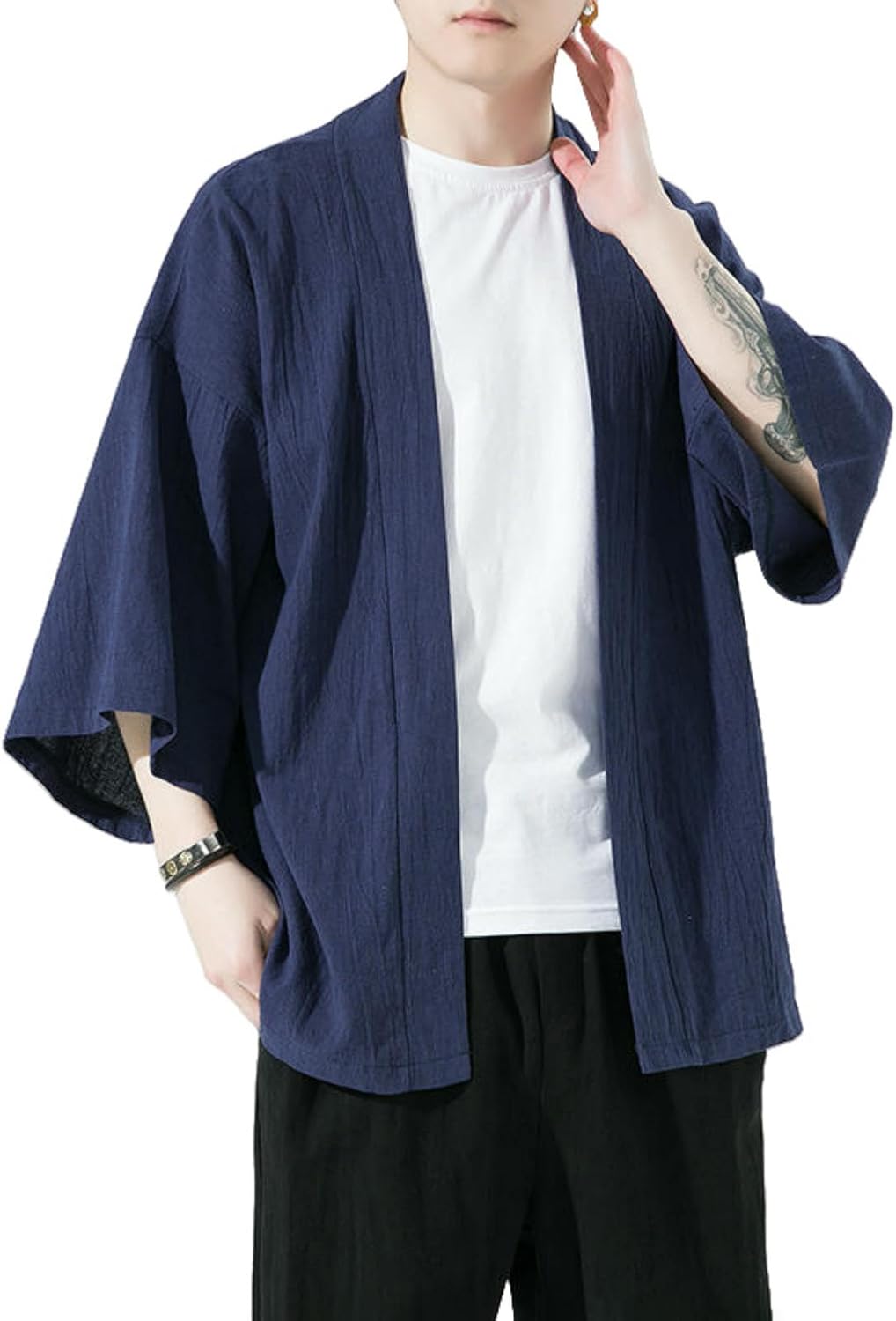 Men's Summer Simple Loose Casual Solid Color Cardigan Seven-Sleeve Shirt
