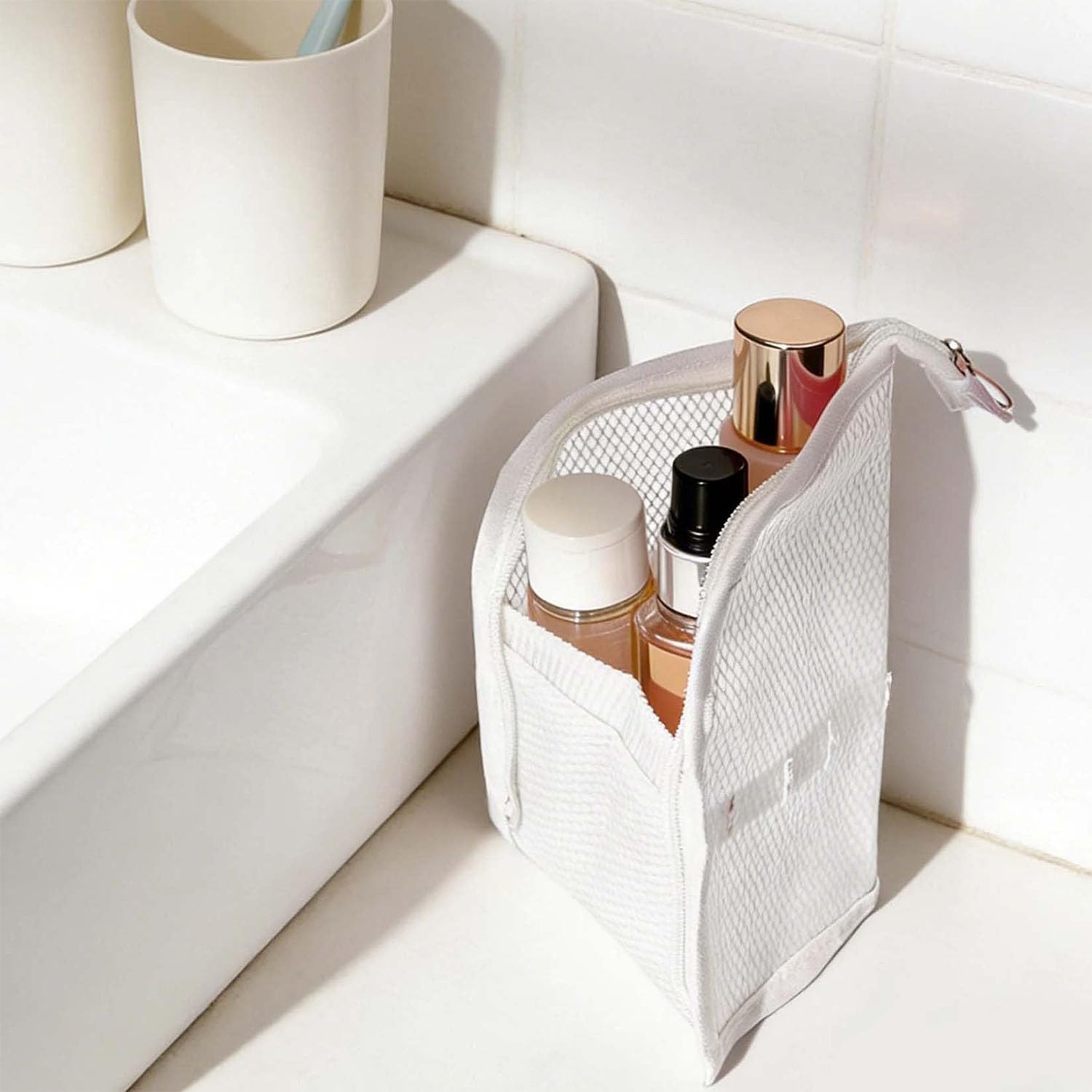 Borsa da toilette in piedi, borsa da toilette portatile leggera da viaggio con multi-scomparti, borsa per il trucco in piedi da appendere, in rete EVA, senza polvere, con cerniera, per casa e vacanze