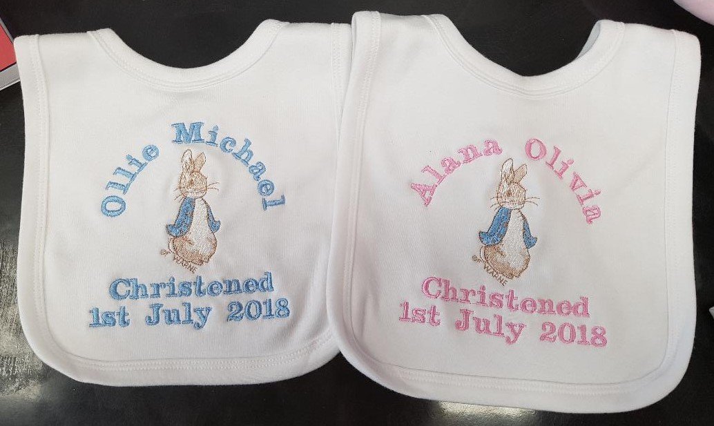 Personalised Peter RABIT bib boy or Girl Pink Blue or White (White bib)