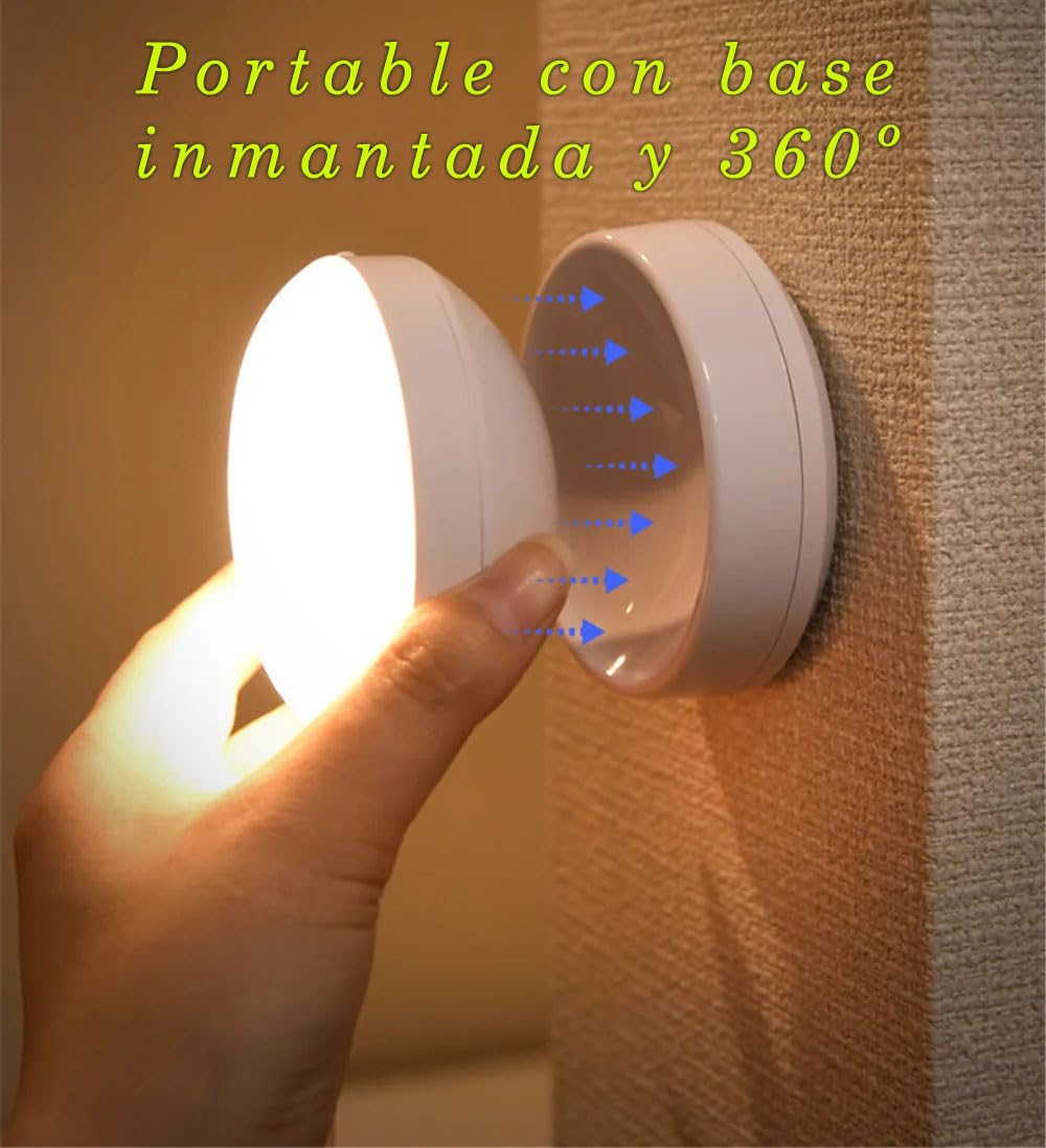 Luz Nocturna con Sensor de Movimiento (2 Piezas) Luz Nocturna Infantil Regulable (AUTO-OFF-ON), Luz de Noche Blanco Cálido para Armario, Pasillo, Escalera, Habitación (360 Grados 2 piezas)