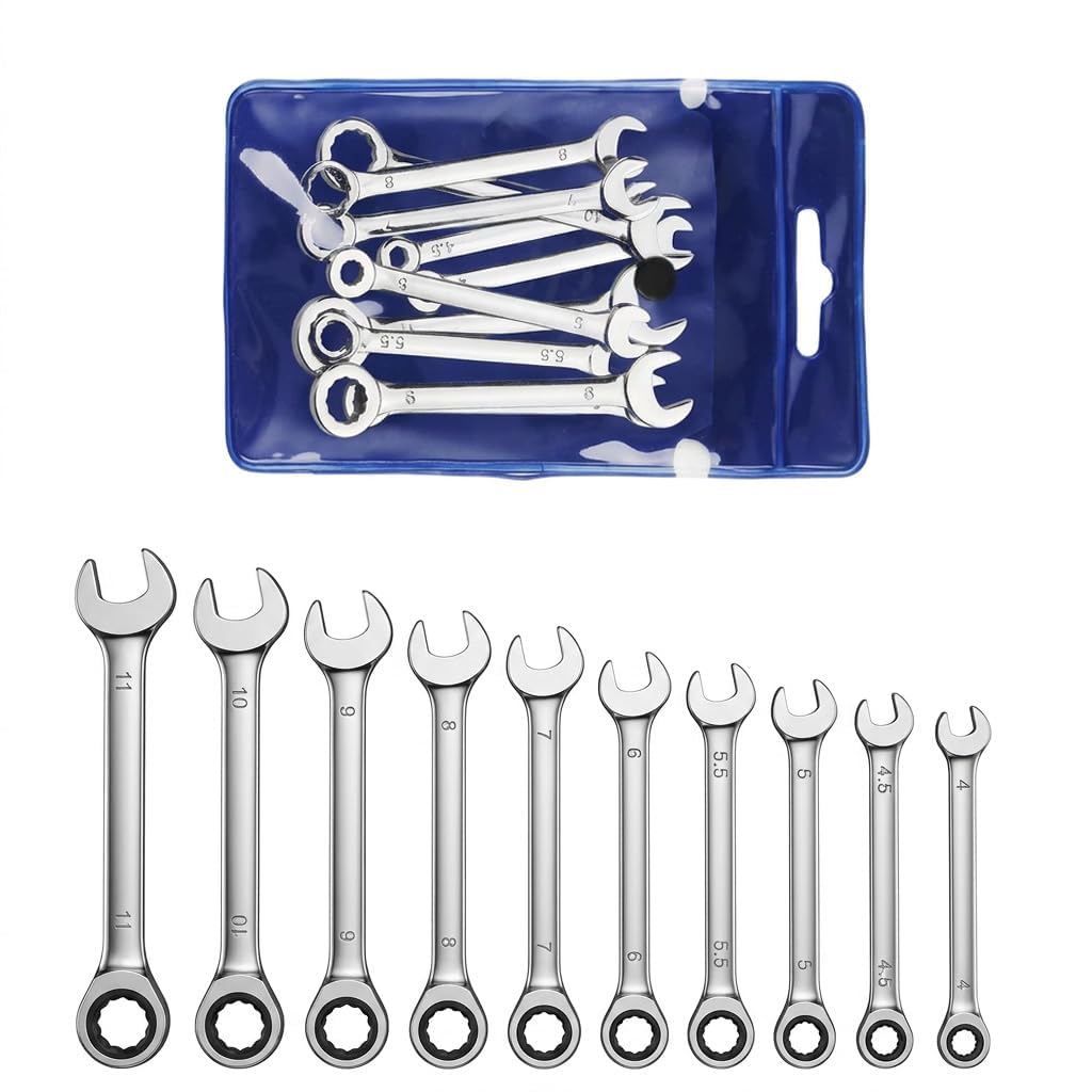 Ratchet Spanner Set, Effortless Access in Tight Spaces - Imperial Mini Combination Spanner Set, Fully Polished Dual-End Open & Box Wrenches for Bike, Auto & Home Repair, Portable Small Stubby Spanners