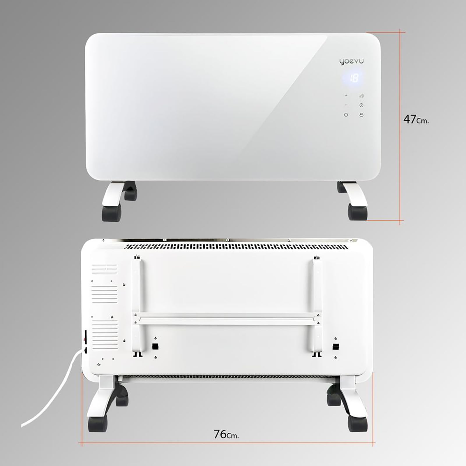 YOEVU | Radiador eléctrico bajo consumo 1500W | Programable con control móvil y WIFI | Termostato regulable | Soporte con ruedas | IP24 | Protección sobrecalentamiento | Blanco