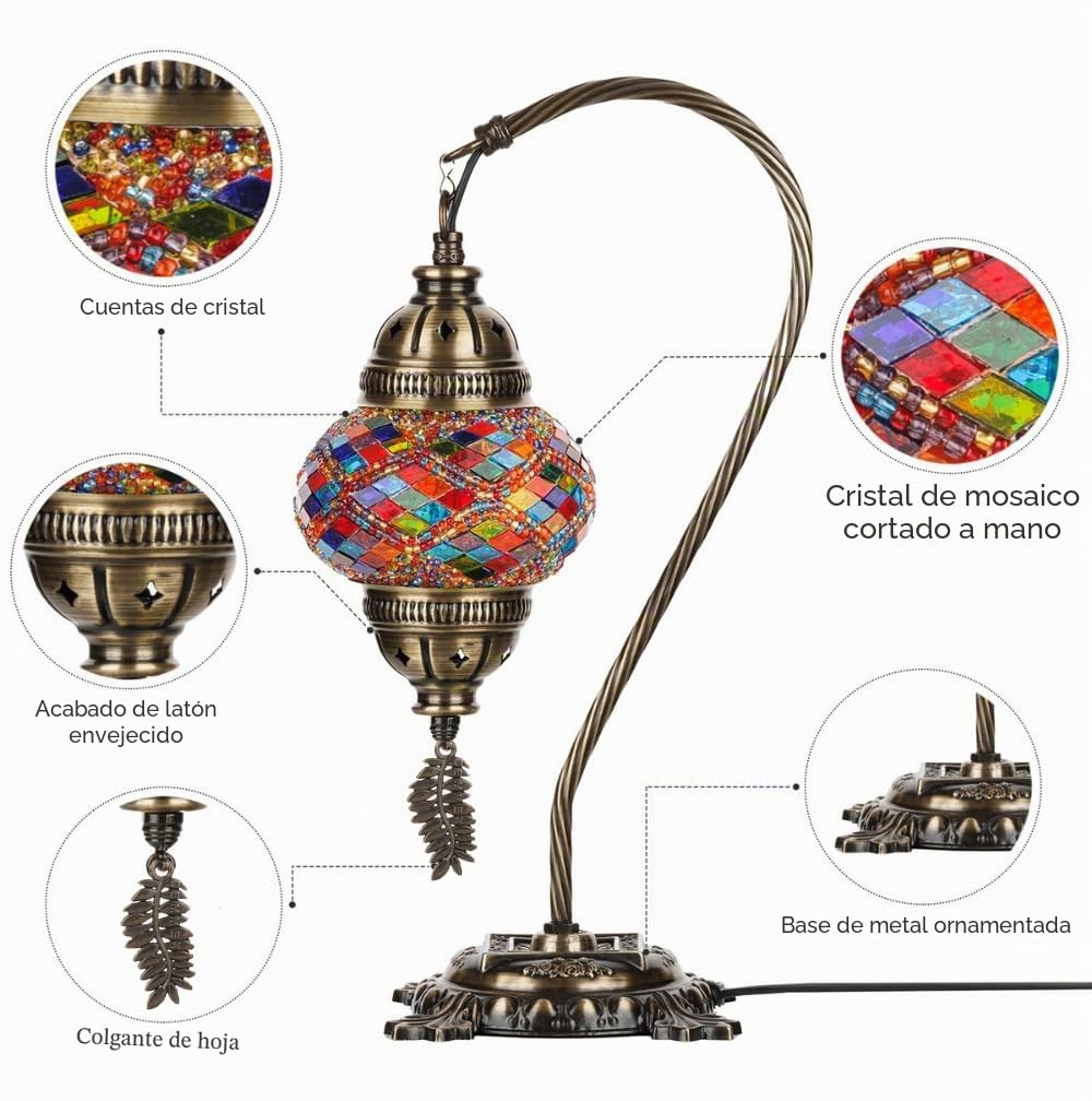 Lámpara turca auténtica DEMMEX, fabricada en Turquía, lámpara de mesa de noche con mosaico turco marroquí, 100% hecha a mano, cuerpo de metal de color latón antiguo y base de metal decorada.
