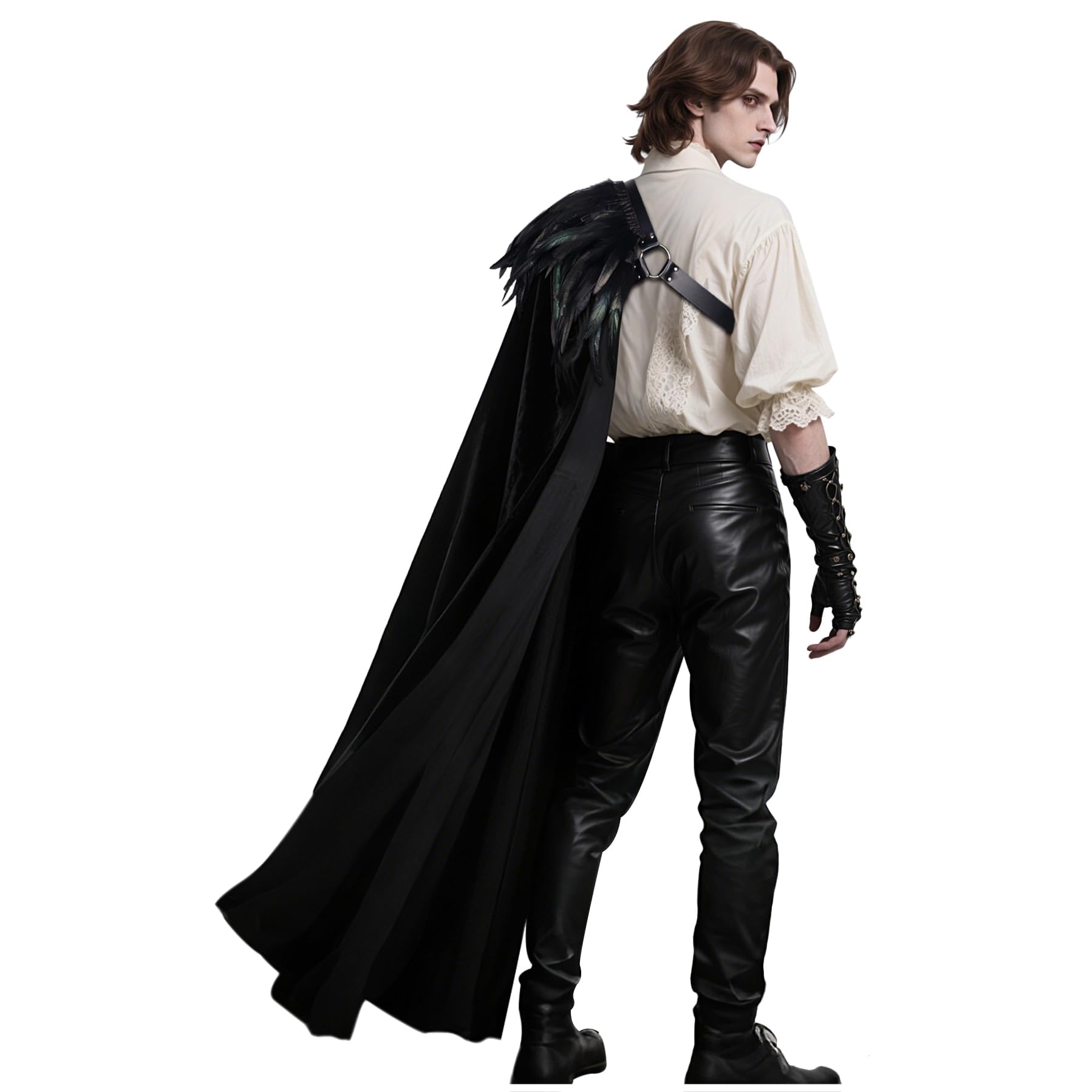 keland Gothic One Shoulder Cape with Feather Shoulder - Halloween Fancy Dress Knight Vampire Cosplay (Black)