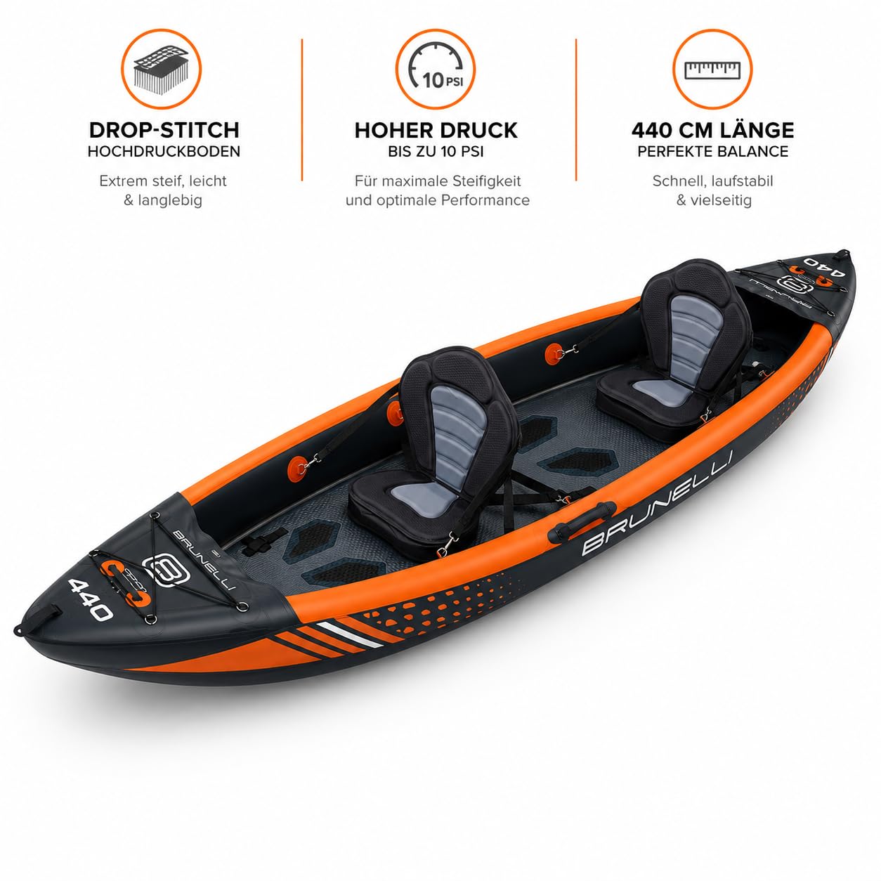 BRUNELLI Raptor 440 Kayak Gonfiabile per 2 Persone, Drop-Stitch Kayak da Touring, 10 PSI, 3 Camere d'Aria, Include 2 Pagaie, 2 Sedili, Pompa, Pinne e Borsa per il Trasporto